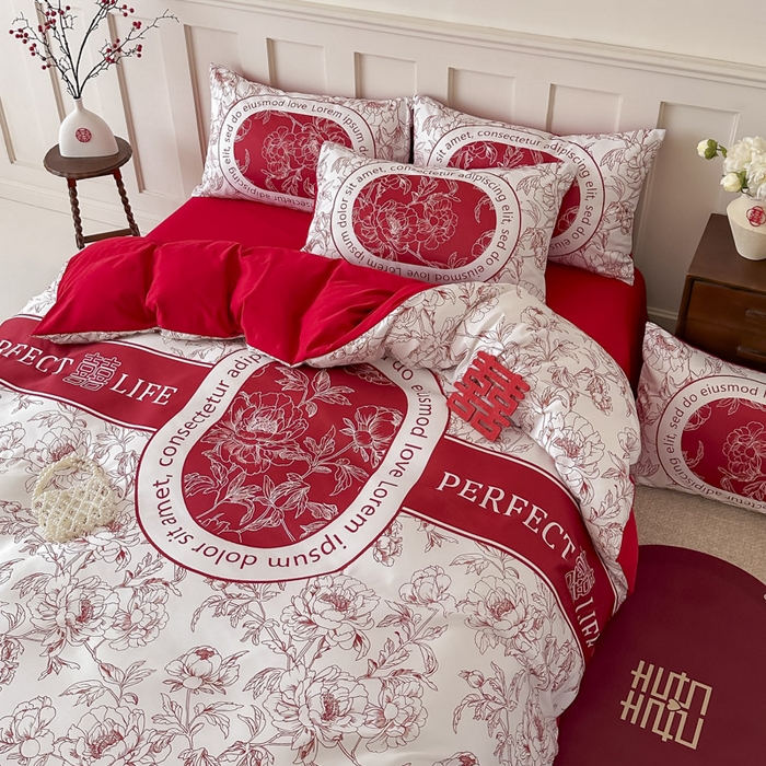 91家纺网 家纺一手货源 找家纺 花伞 2024新款婚庆款加厚亲肤磨毛水洗棉柔软四件套喜事连连