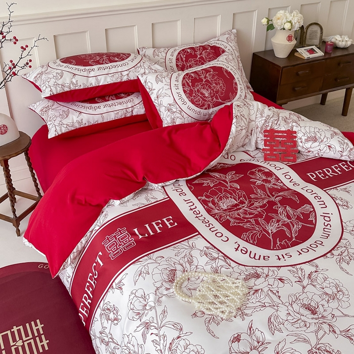 91家纺网 家纺一手货源 找家纺 花伞 2024新款婚庆款加厚亲肤磨毛水洗棉柔软四件套喜事连连