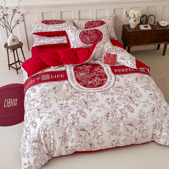 91家纺网 家纺一手货源 找家纺 花伞 2024新款婚庆款加厚亲肤磨毛水洗棉柔软四件套喜事连连