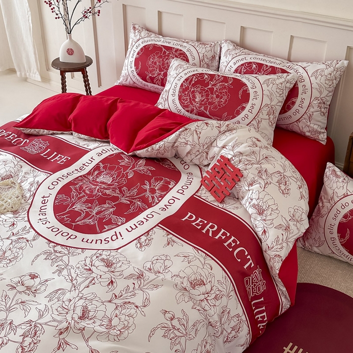 91家纺网 家纺一手货源 找家纺 花伞 2024新款婚庆款加厚亲肤磨毛水洗棉柔软四件套喜事连连