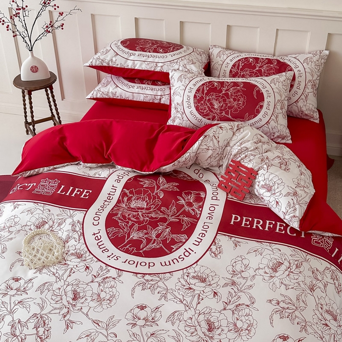 91家纺网 家纺一手货源 找家纺 花伞 2024新款婚庆款加厚亲肤磨毛水洗棉柔软四件套喜事连连