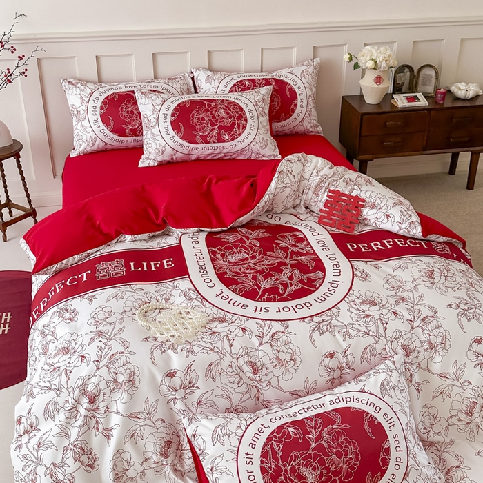 91家纺网 家纺一手货源 找家纺 花伞 2024新款婚庆款加厚亲肤磨毛水洗棉柔软四件套喜事连连