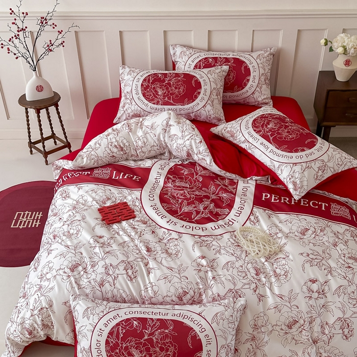 91家纺网 家纺一手货源 找家纺 花伞 2024新款婚庆款加厚亲肤磨毛水洗棉柔软四件套喜事连连