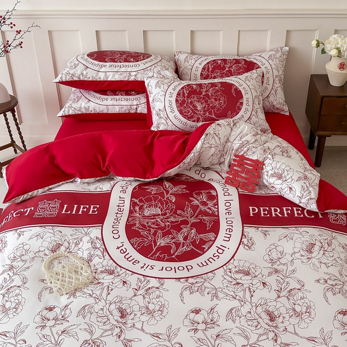 91家纺网 家纺一手货源 找家纺 花伞 2024新款婚庆款加厚亲肤磨毛水洗棉柔软四件套喜事连连