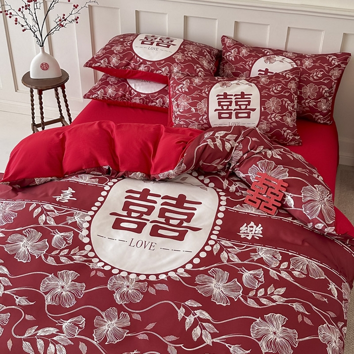 91家纺网 家纺一手货源 找家纺 花伞 2024新款婚庆款加厚亲肤磨毛水洗棉柔软四件套幸福绵延