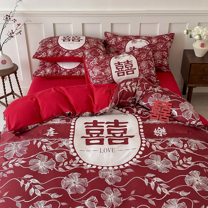 91家纺网 家纺一手货源 找家纺 花伞 2024新款婚庆款加厚亲肤磨毛水洗棉柔软四件套幸福绵延