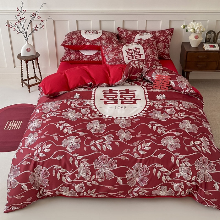 91家纺网 家纺一手货源 找家纺 花伞 2024新款婚庆款加厚亲肤磨毛水洗棉柔软四件套幸福绵延