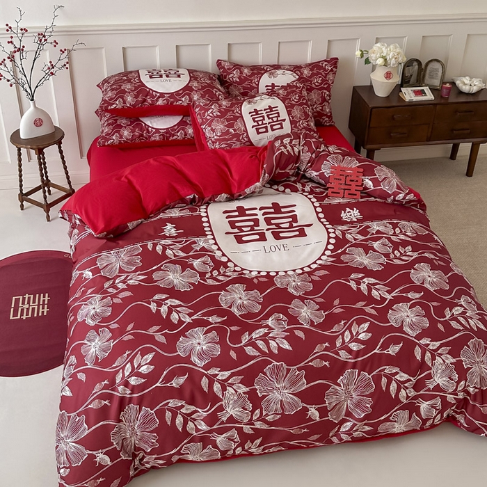 91家纺网 家纺一手货源 找家纺 花伞 2024新款婚庆款加厚亲肤磨毛水洗棉柔软四件套幸福绵延