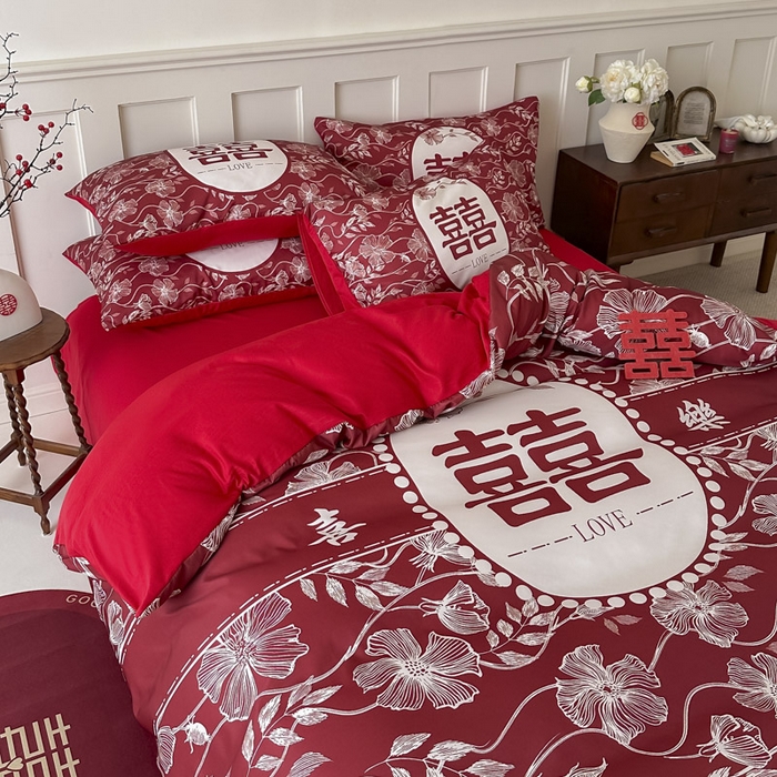 91家纺网 家纺一手货源 找家纺 花伞 2024新款婚庆款加厚亲肤磨毛水洗棉柔软四件套幸福绵延