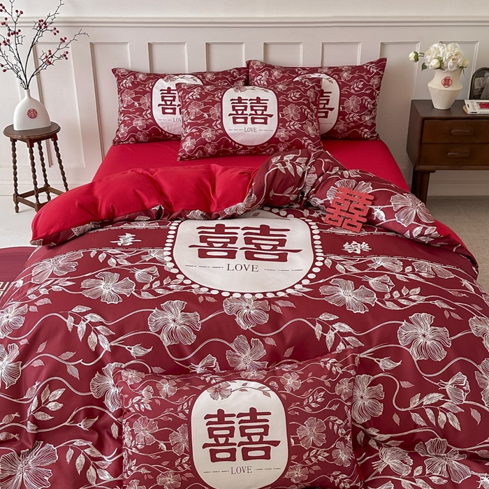 91家纺网 家纺一手货源 找家纺 花伞 2024新款婚庆款加厚亲肤磨毛水洗棉柔软四件套幸福绵延