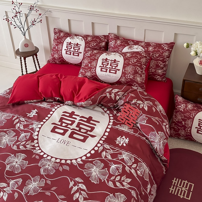 91家纺网 家纺一手货源 找家纺 花伞 2024新款婚庆款加厚亲肤磨毛水洗棉柔软四件套幸福绵延