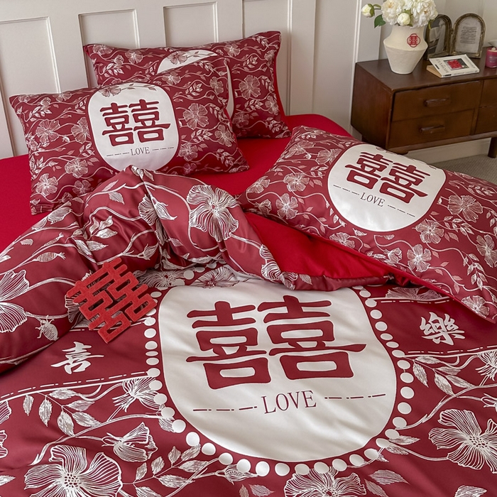 91家纺网 家纺一手货源 找家纺 花伞 2024新款婚庆款加厚亲肤磨毛水洗棉柔软四件套幸福绵延