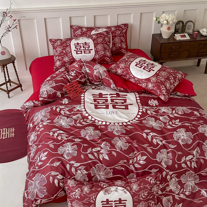 91家纺网 家纺一手货源 找家纺 花伞 2024新款婚庆款加厚亲肤磨毛水洗棉柔软四件套幸福绵延