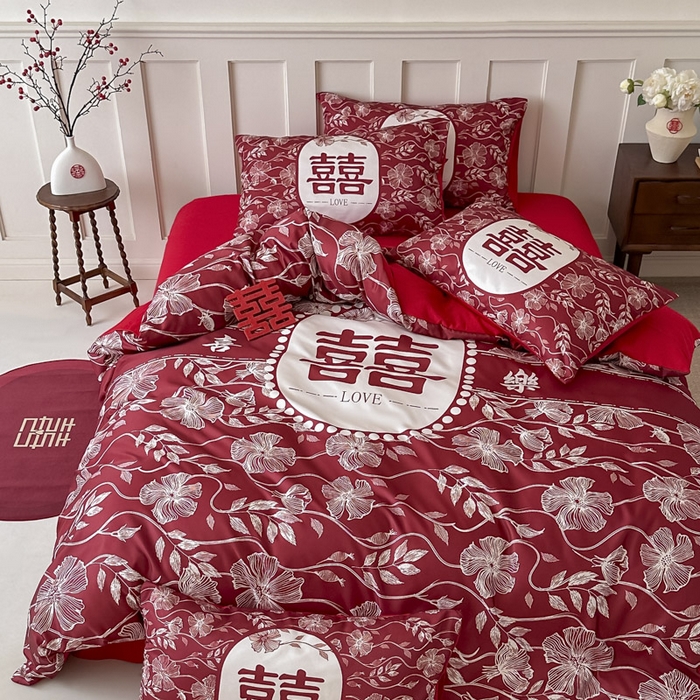 91家纺网 家纺一手货源 找家纺 花伞 2024新款婚庆款加厚亲肤磨毛水洗棉柔软四件套幸福绵延