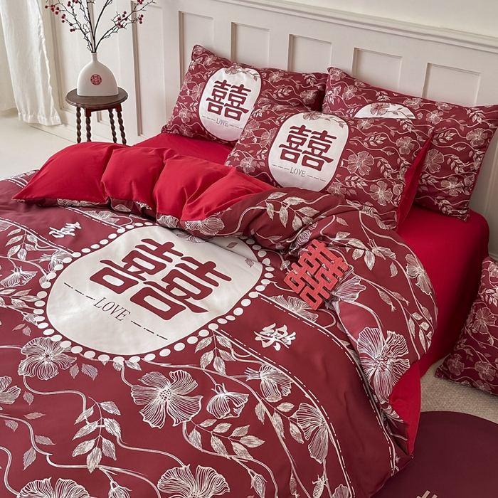 91家纺网 家纺一手货源 找家纺 花伞 2024新款婚庆款加厚亲肤磨毛水洗棉柔软四件套幸福绵延