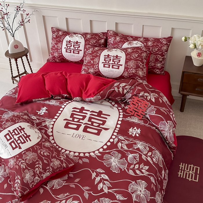 91家纺网 家纺一手货源 找家纺 花伞 2024新款婚庆款加厚亲肤磨毛水洗棉柔软四件套幸福绵延