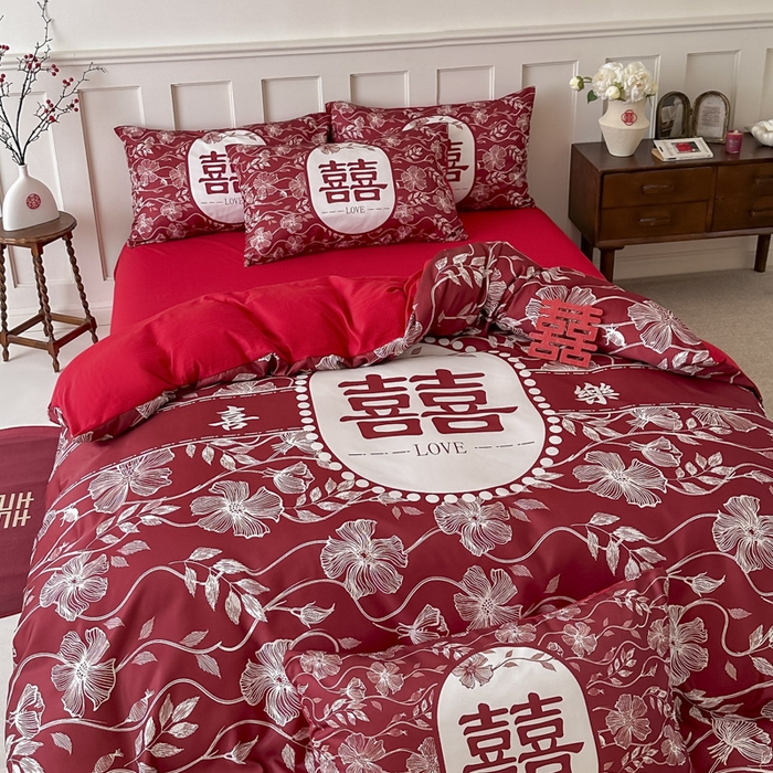 91家纺网 家纺一手货源 找家纺 花伞 2024新款婚庆款加厚亲肤磨毛水洗棉柔软四件套幸福绵延