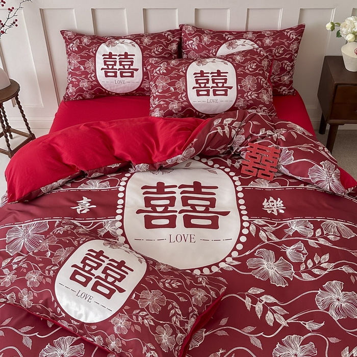 91家纺网 家纺一手货源 找家纺 花伞 2024新款婚庆款加厚亲肤磨毛水洗棉柔软四件套幸福绵延