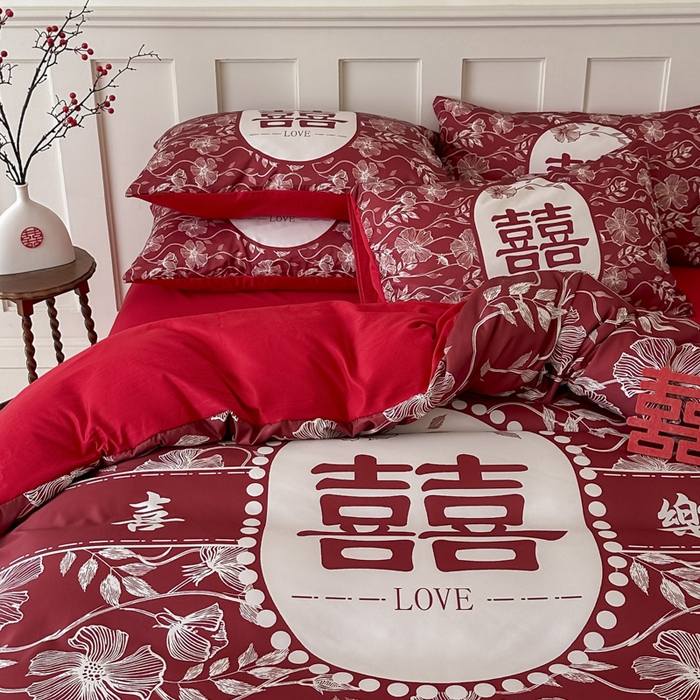 91家纺网 家纺一手货源 找家纺 花伞 2024新款婚庆款加厚亲肤磨毛水洗棉柔软四件套幸福绵延