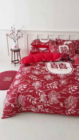 91家纺网 家纺一手货源 找家纺 花伞 2024新款婚庆款加厚亲肤磨毛水洗棉柔软四件套幸福绵延