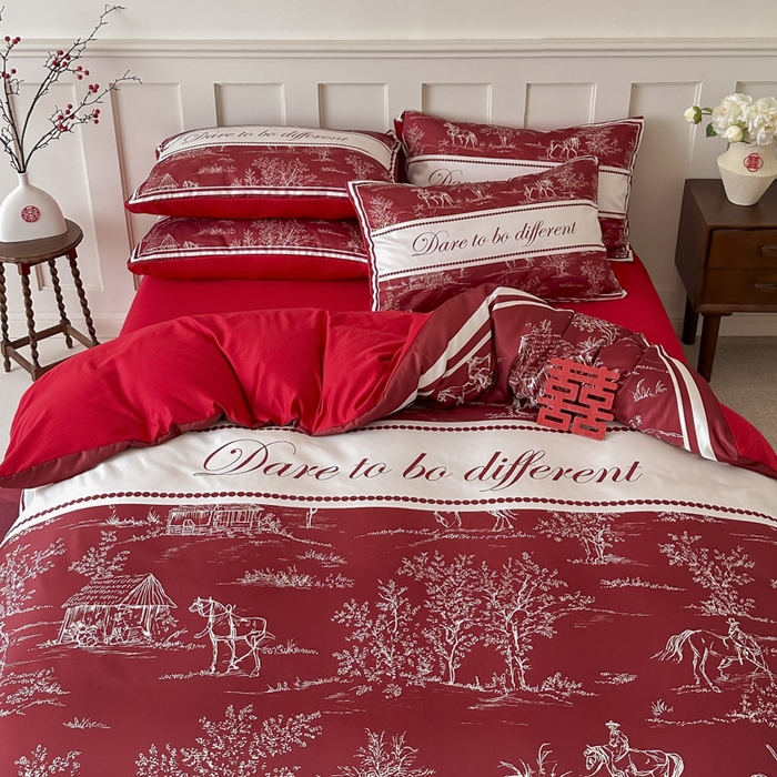 91家纺网 家纺一手货源 找家纺 花伞 2024新款婚庆款加厚亲肤磨毛水洗棉柔软四件套一生幸福