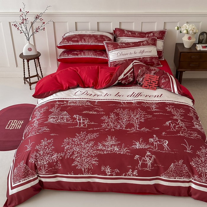 91家纺网 家纺一手货源 找家纺 花伞 2024新款婚庆款加厚亲肤磨毛水洗棉柔软四件套一生幸福