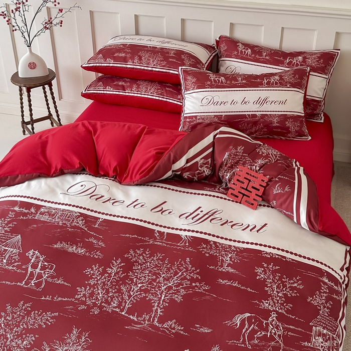 91家纺网 家纺一手货源 找家纺 花伞 2024新款婚庆款加厚亲肤磨毛水洗棉柔软四件套一生幸福