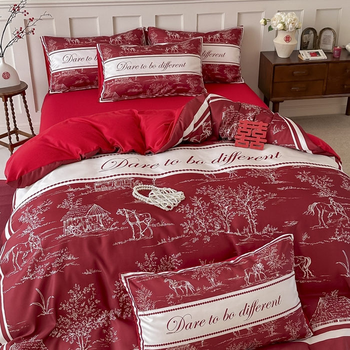 91家纺网 家纺一手货源 找家纺 花伞 2024新款婚庆款加厚亲肤磨毛水洗棉柔软四件套一生幸福