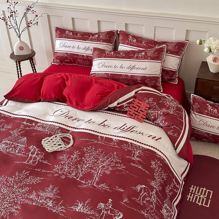 91家纺网 家纺一手货源 找家纺 花伞 2024新款婚庆款加厚亲肤磨毛水洗棉柔软四件套一生幸福