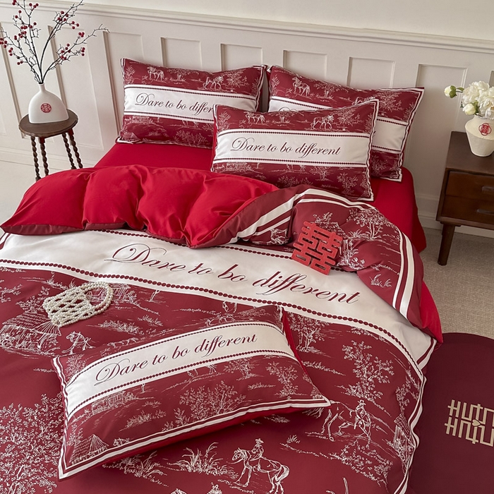 91家纺网 家纺一手货源 找家纺 花伞 2024新款婚庆款加厚亲肤磨毛水洗棉柔软四件套一生幸福