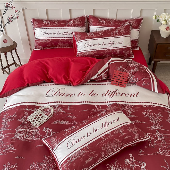 91家纺网 家纺一手货源 找家纺 花伞 2024新款婚庆款加厚亲肤磨毛水洗棉柔软四件套一生幸福