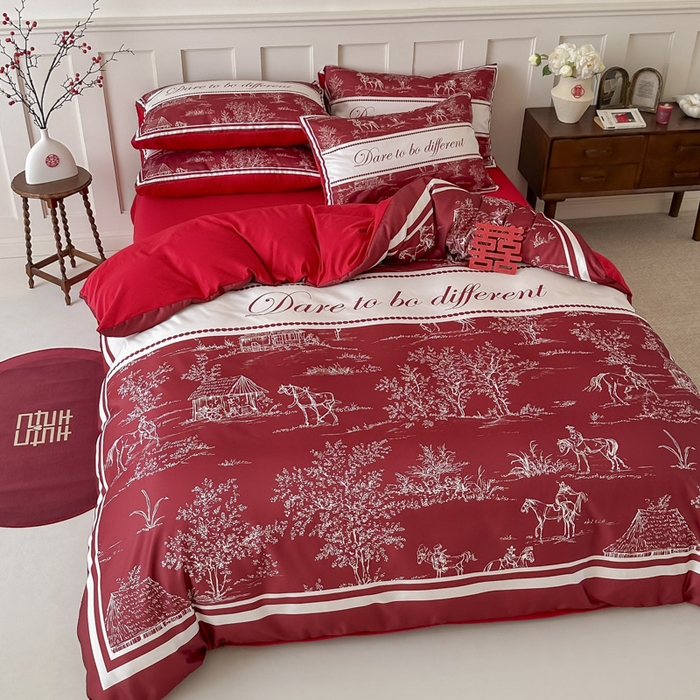 91家纺网 家纺一手货源 找家纺 花伞 2024新款婚庆款加厚亲肤磨毛水洗棉柔软四件套一生幸福