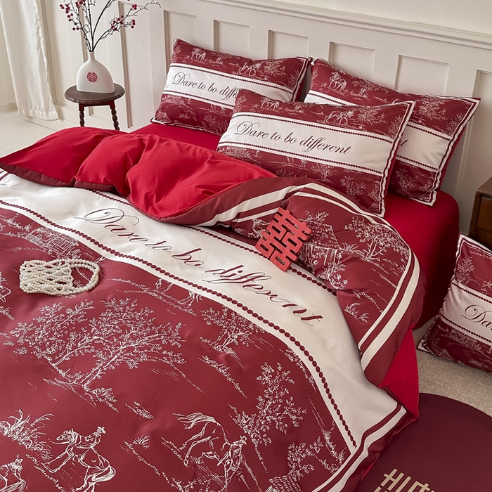 91家纺网 家纺一手货源 找家纺 花伞 2024新款婚庆款加厚亲肤磨毛水洗棉柔软四件套一生幸福