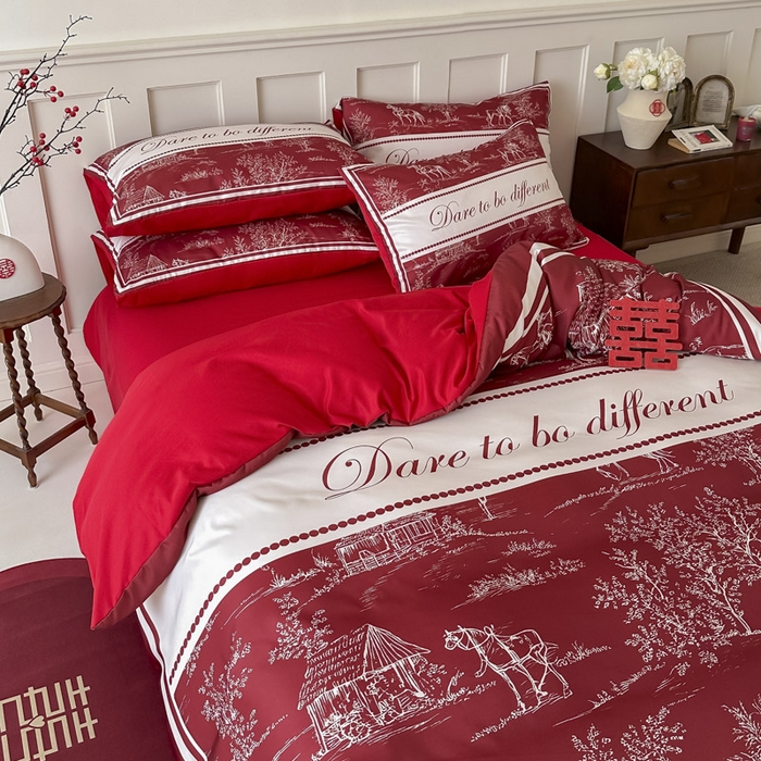 91家纺网 家纺一手货源 找家纺 花伞 2024新款婚庆款加厚亲肤磨毛水洗棉柔软四件套一生幸福