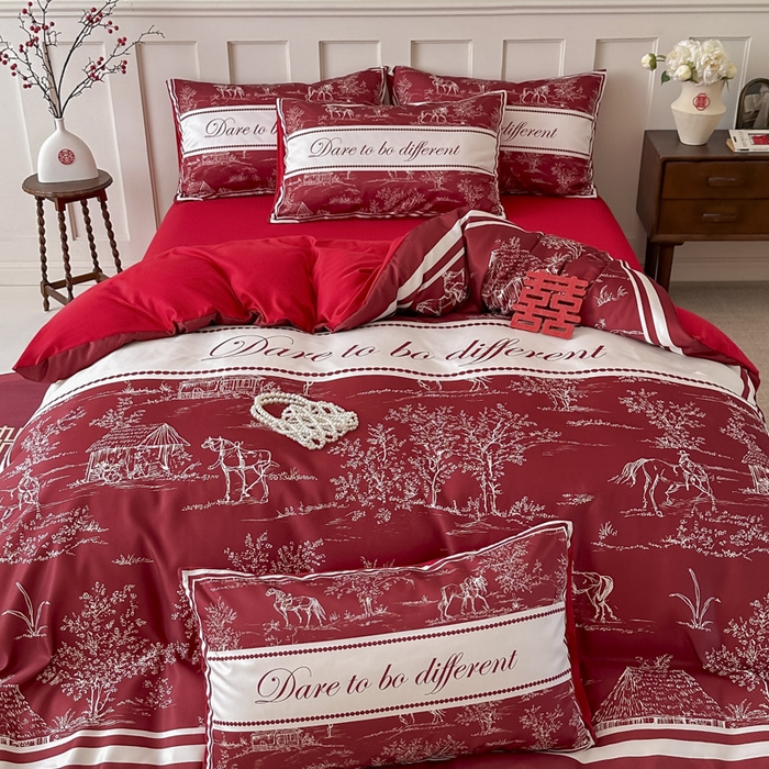 91家纺网 家纺一手货源 找家纺 花伞 2024新款婚庆款加厚亲肤磨毛水洗棉柔软四件套一生幸福