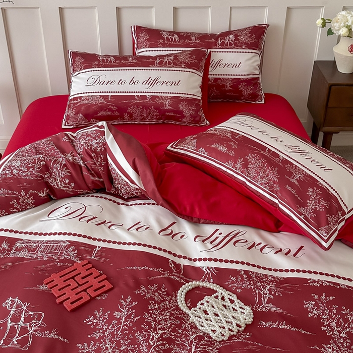 91家纺网 家纺一手货源 找家纺 花伞 2024新款婚庆款加厚亲肤磨毛水洗棉柔软四件套一生幸福