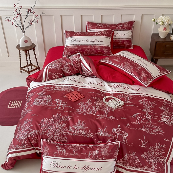 91家纺网 家纺一手货源 找家纺 花伞 2024新款婚庆款加厚亲肤磨毛水洗棉柔软四件套一生幸福