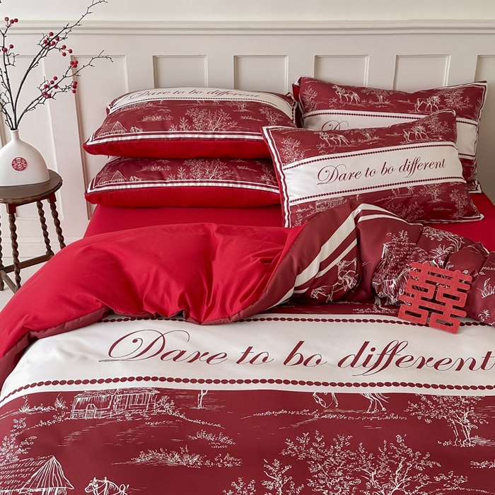 91家纺网 家纺一手货源 找家纺 花伞 2024新款婚庆款加厚亲肤磨毛水洗棉柔软四件套一生幸福