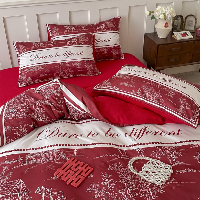 91家纺网 家纺一手货源 找家纺 花伞 2024新款婚庆款加厚亲肤磨毛水洗棉柔软四件套一生幸福