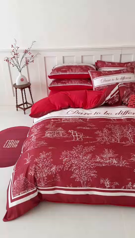 91家纺网 家纺一手货源 找家纺 花伞 2024新款婚庆款加厚亲肤磨毛水洗棉柔软四件套一生幸福