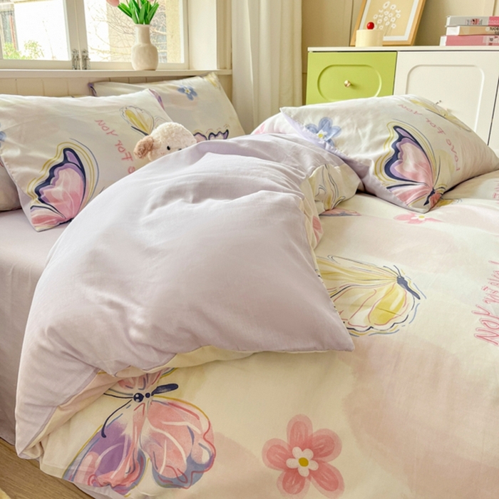 91家纺网 家纺一手货源 找家纺 琪格格纺织 2025新款13070全棉纯棉小清新四件套 彩蝶