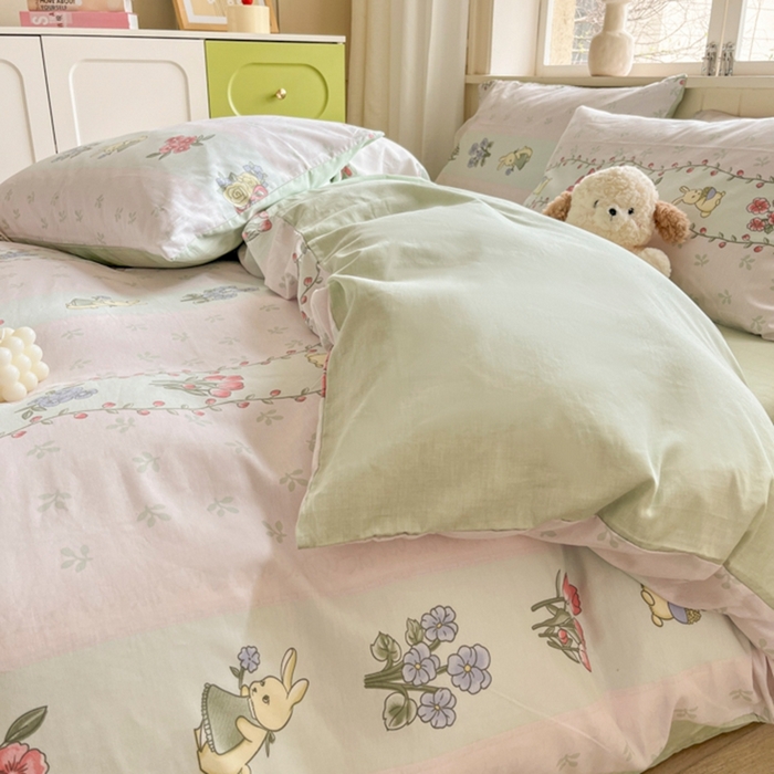 91家纺网 家纺一手货源 找家纺 琪格格纺织 2025新款13070全棉纯棉小清新四件套 花兔田园