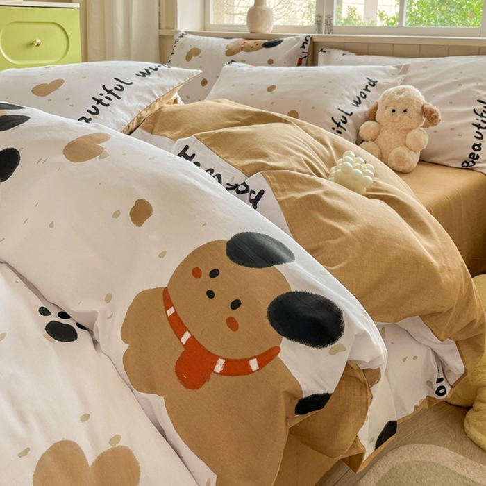 琪格格纺织 2025新款13070全棉纯棉小清新四件套 乖乖狗-浅咖