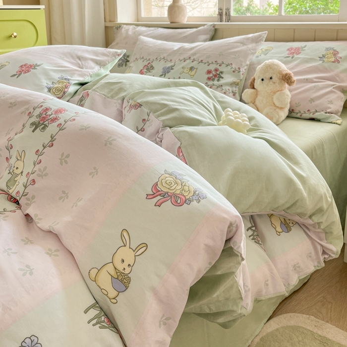 琪格格纺织 2025新款13070全棉纯棉小清新四件套 花兔田园