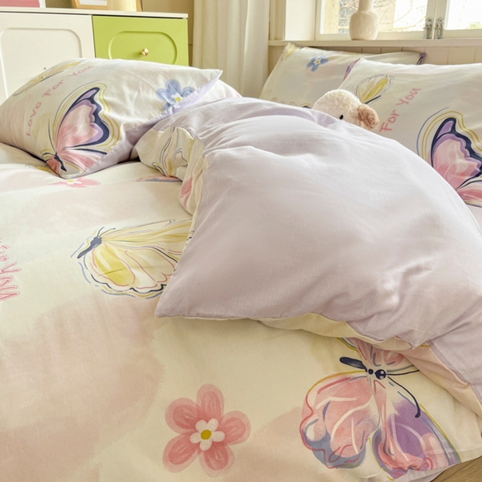 91家纺网 家纺一手货源 找家纺 琪格格纺织 2025新款13070全棉纯棉小清新四件套 彩蝶