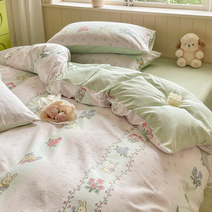 91家纺网 家纺一手货源 找家纺 琪格格纺织 2025新款13070全棉纯棉小清新四件套 花兔田园