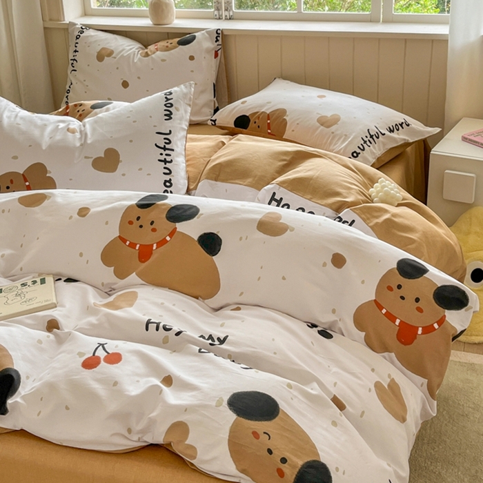 91家纺网 家纺一手货源 找家纺 琪格格纺织 2025新款13070全棉纯棉小清新四件套 乖乖狗-浅咖