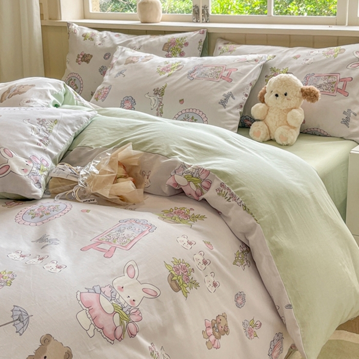 91家纺网 家纺一手货源 找家纺 琪格格纺织 2025新款13070全棉纯棉小清新四件套 开心乐园