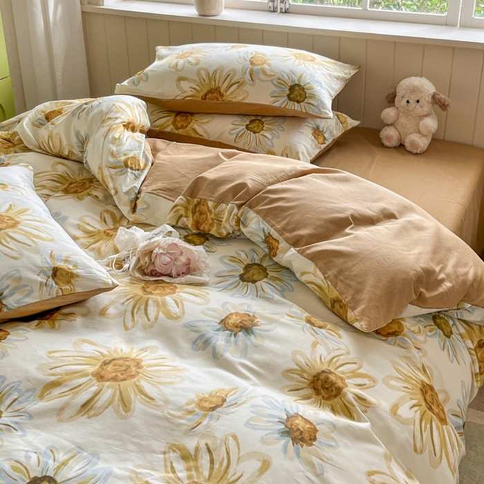 91家纺网 家纺一手货源 找家纺 琪格格纺织 2025新款13070全棉纯棉小清新四件套 璀璨花开-米色