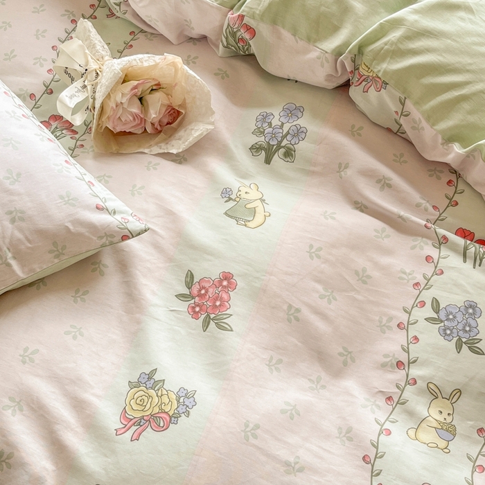 91家纺网 家纺一手货源 找家纺 琪格格纺织 2025新款13070全棉纯棉小清新四件套 花兔田园